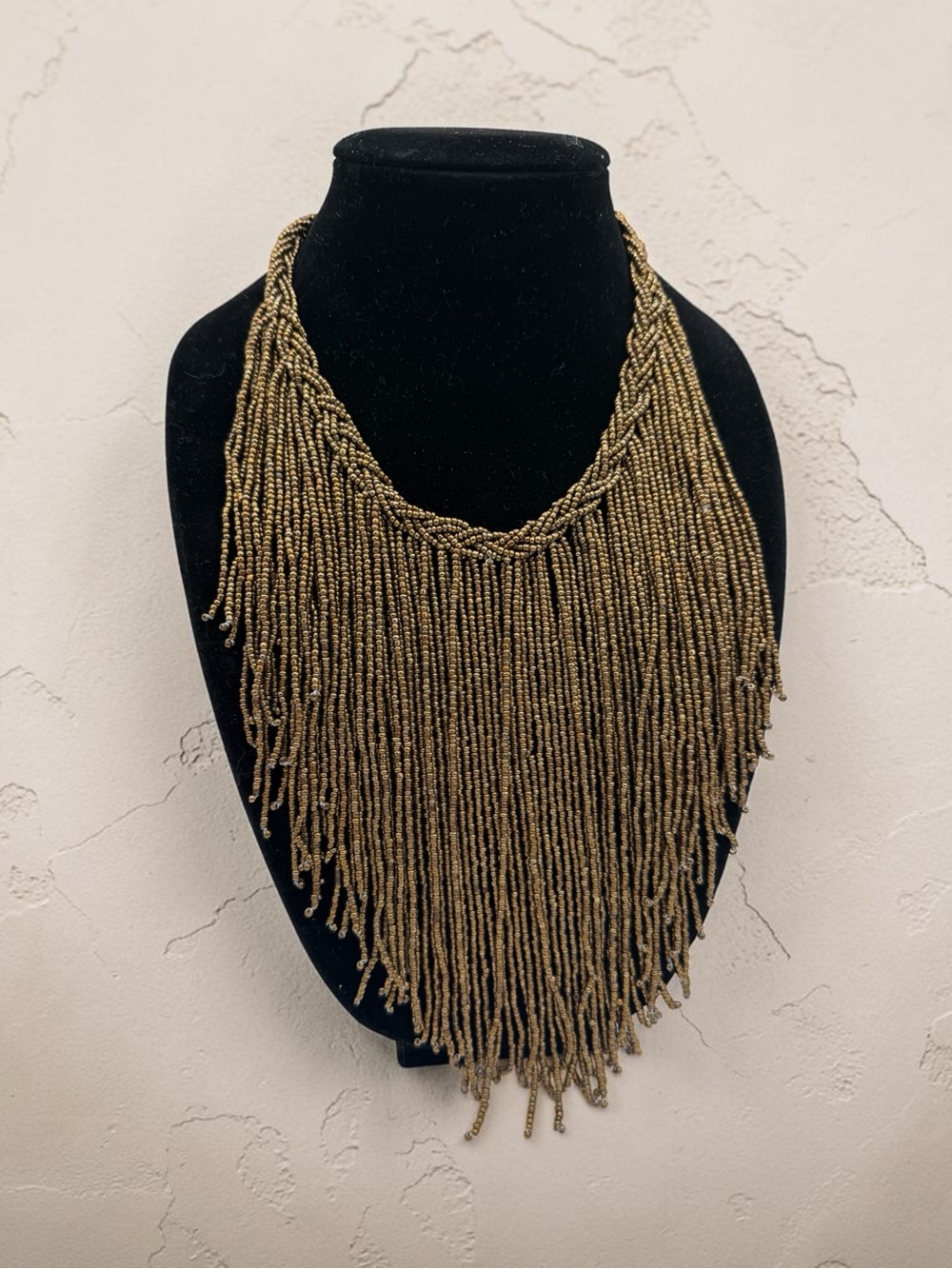 African Maasai Beaded Bronze Metallic Gold Fringe Beaded Statement Necklace